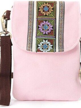NEW Embroidered Canvas Flip Crossbody Bag Cell Phone Pouch Wristlet Coin Purse